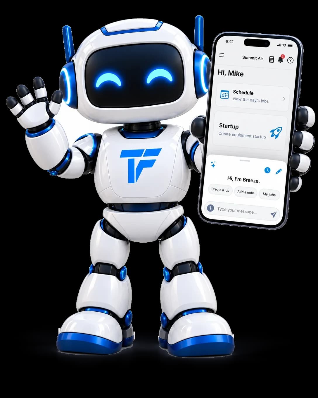 Breeze, the Tracforce AI assistant, waving and holding a phone with Breeze open