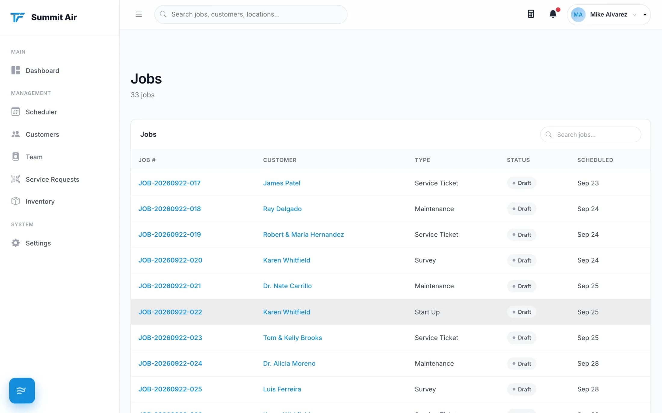 The jobs list in Tracforce with statuses and customers