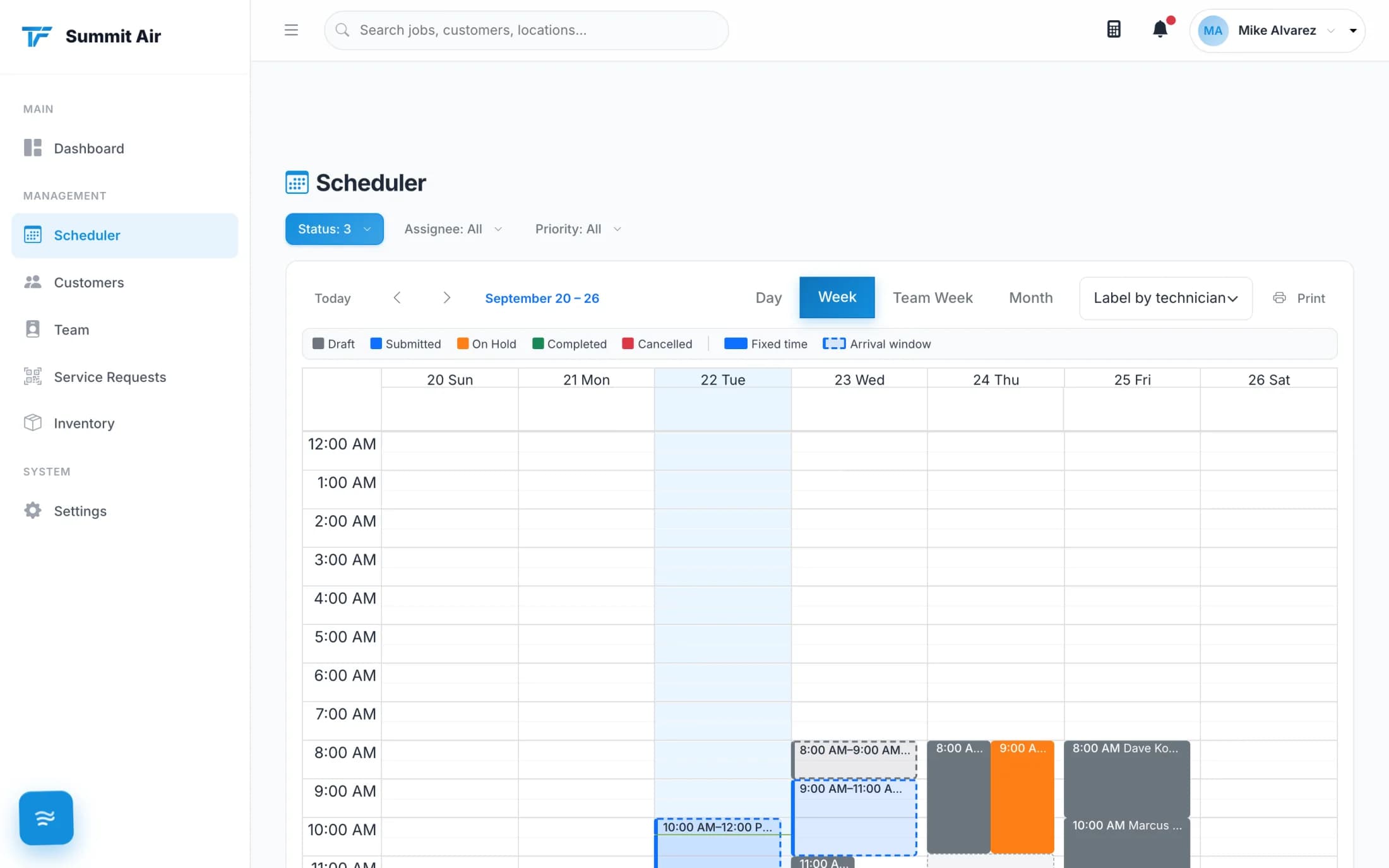 The Tracforce scheduler showing a week of scheduled jobs