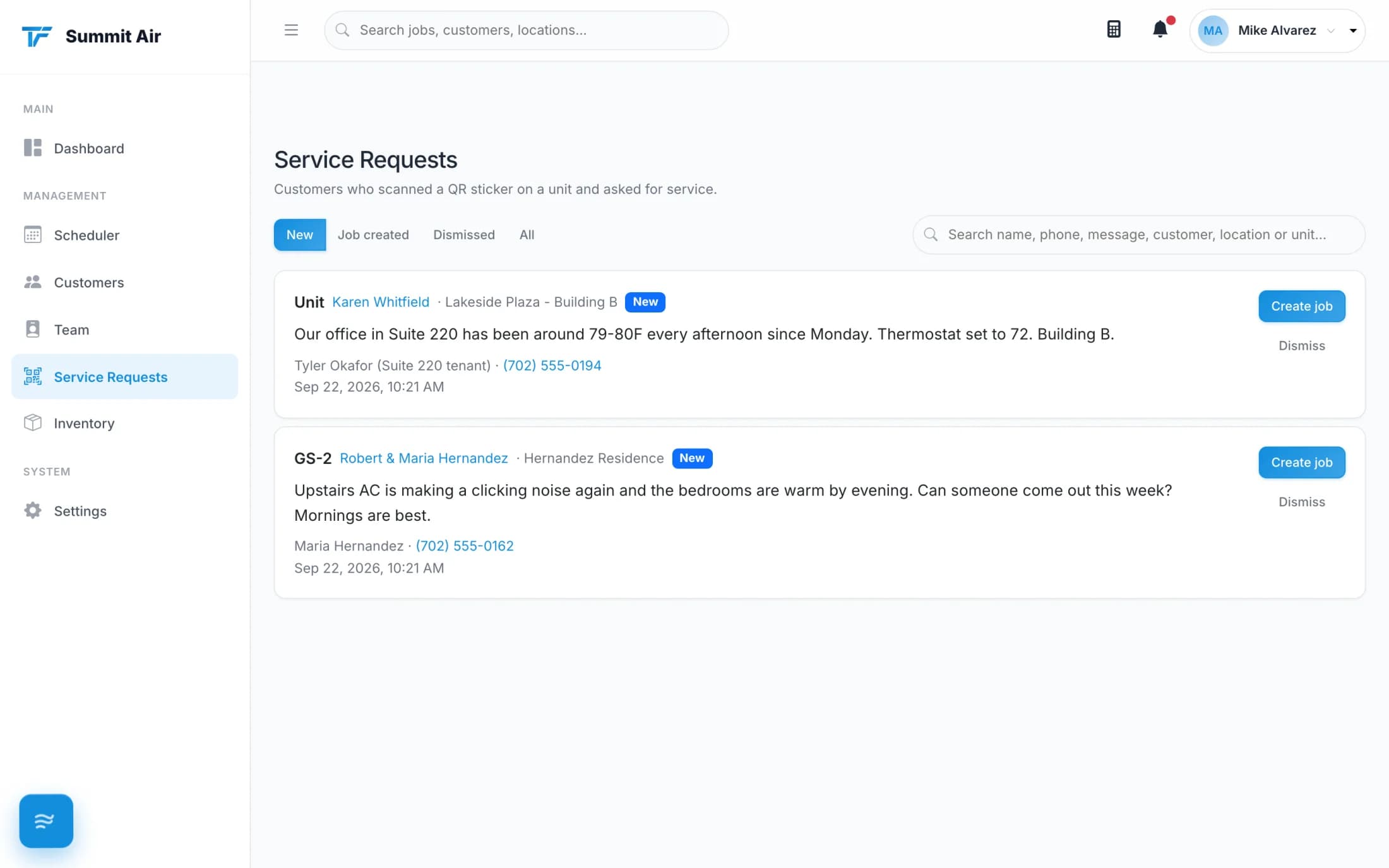 The Service Requests inbox in Tracforce showing requests sent in from QR codes