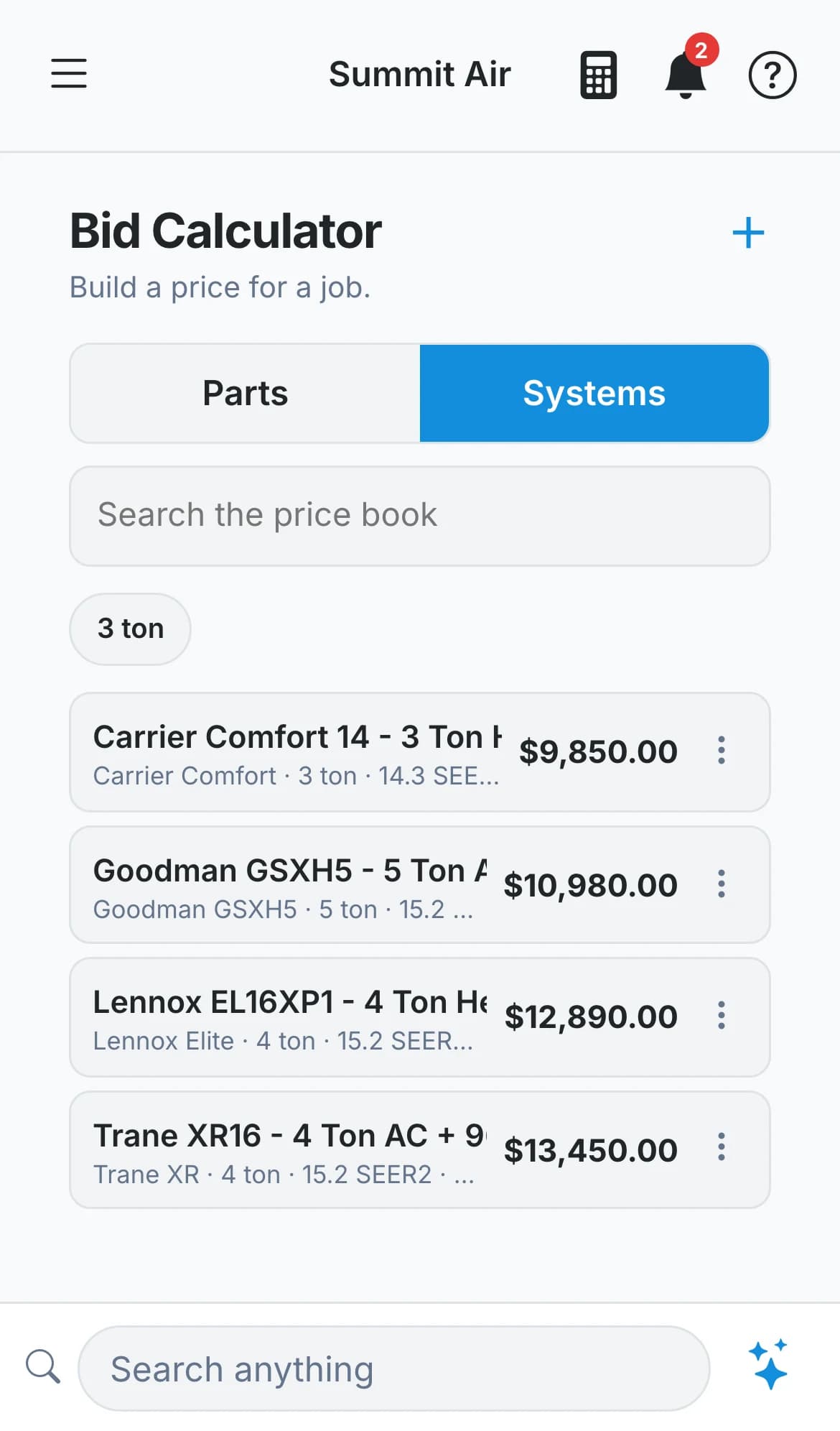 The Bid Calculator on a phone showing system packages and prices