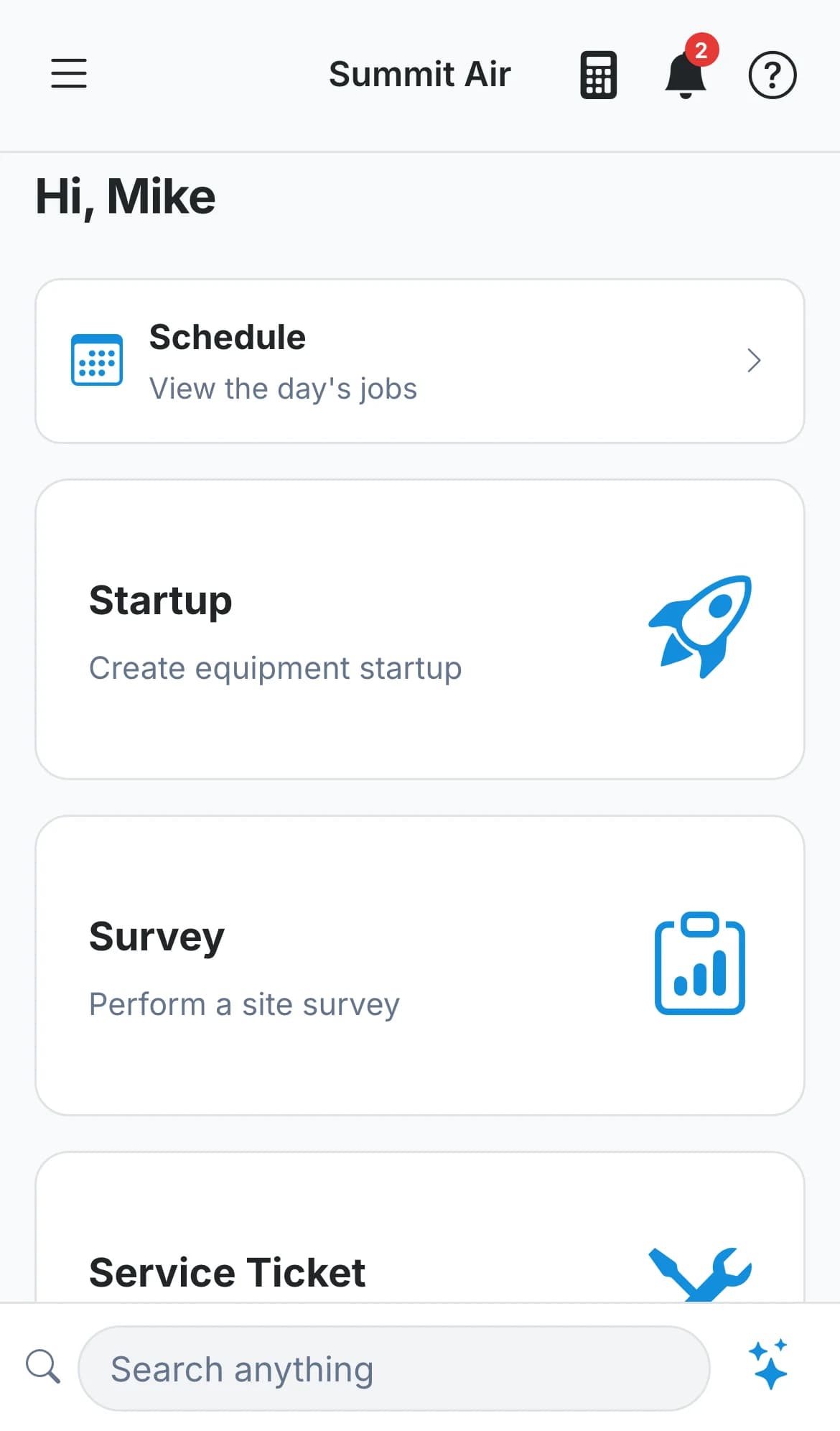 The Tracforce home screen on a phone with shortcuts to the schedule, a startup, a survey and a service ticket