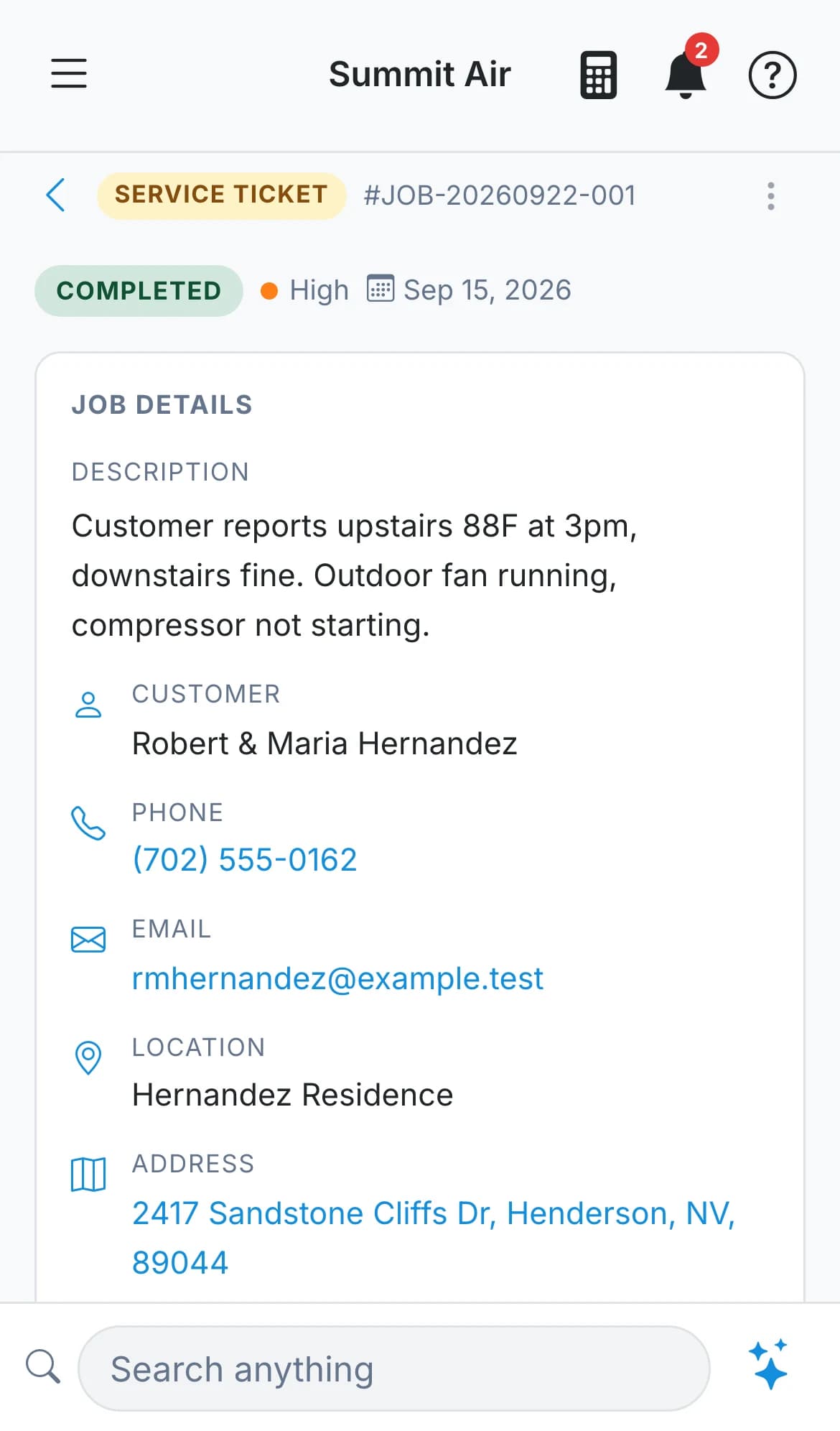 A service ticket open on a phone showing the customer, address and assigned tech