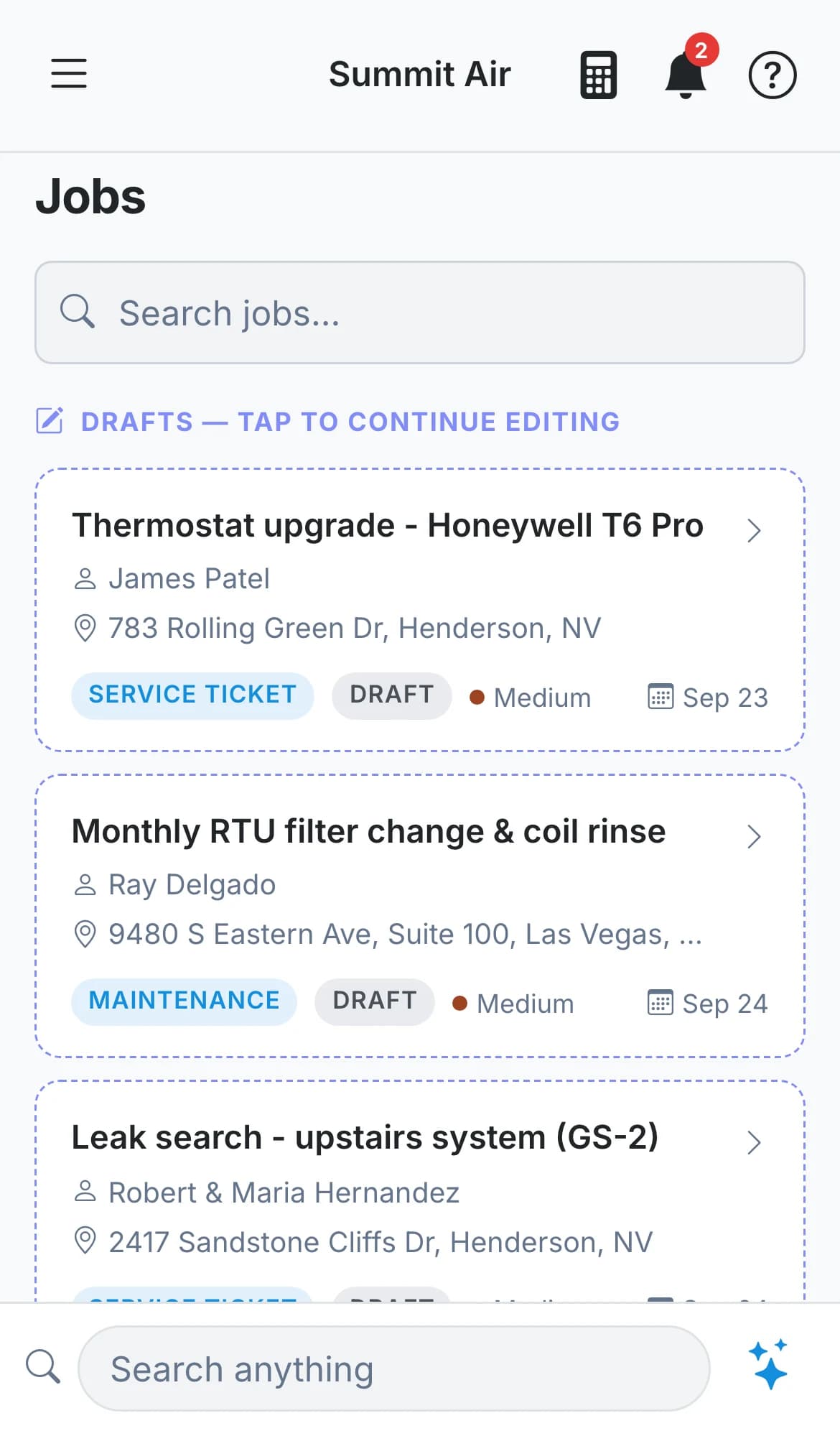 The jobs list on a phone with drafts marked for continuing
