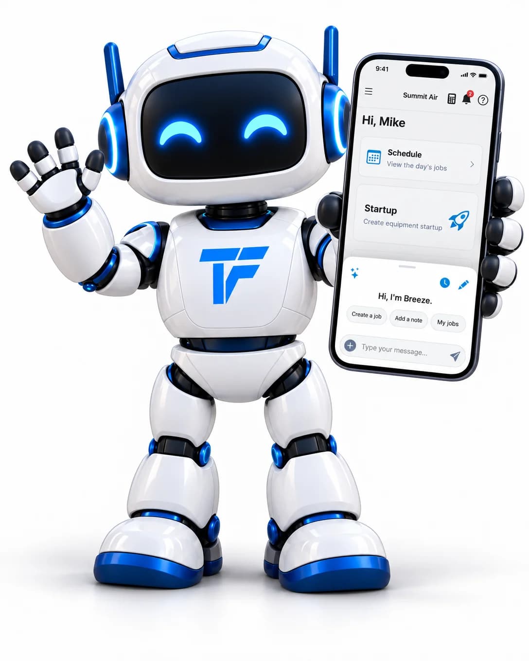 Breeze, the Tracforce AI assistant, waving and holding a phone with Breeze open