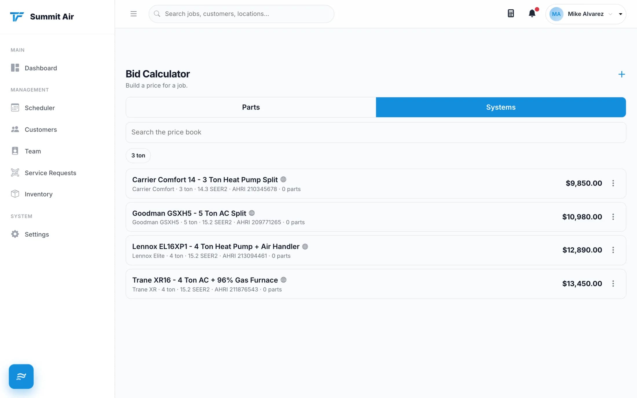 The Bid Calculator on a desktop showing system packages with prices