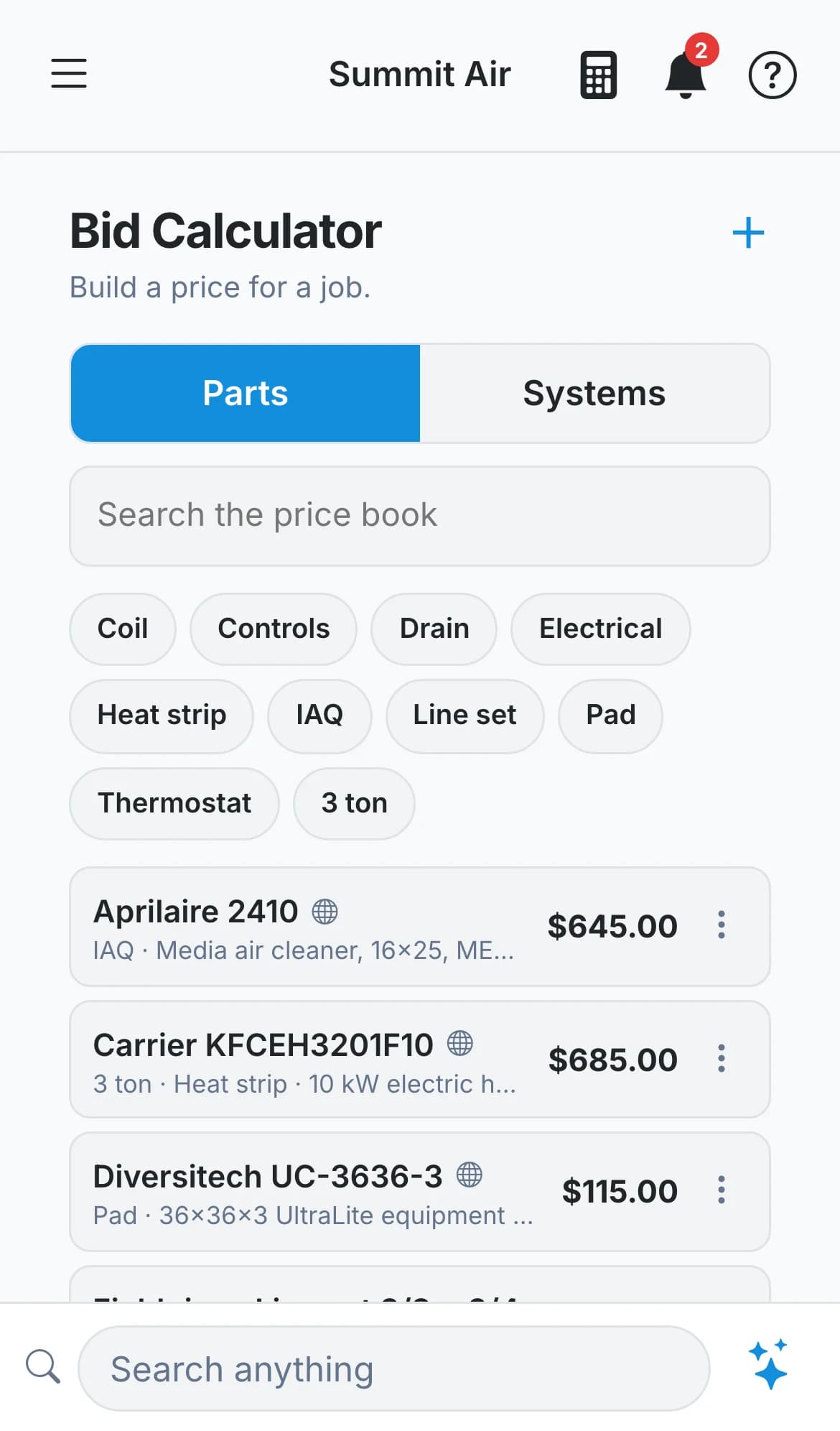 The parts side of the price book in the Bid Calculator on a phone