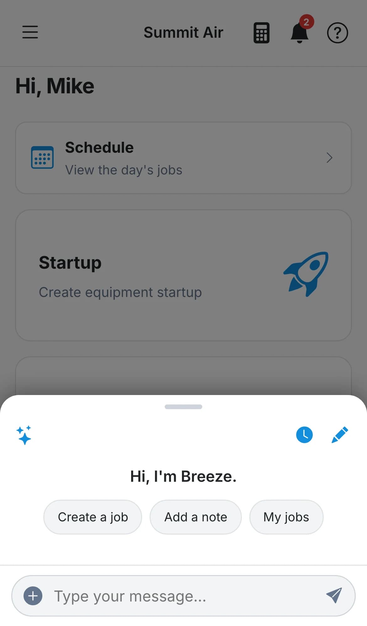 Breeze open on a phone, with shortcuts to create a job, add a note or list my jobs