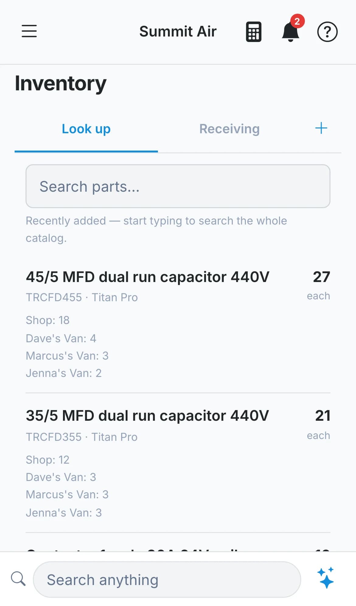The parts list on a phone with quantities on hand