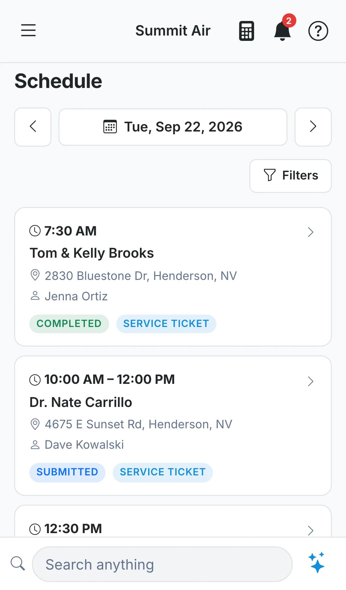 A technician's schedule for the day on a phone