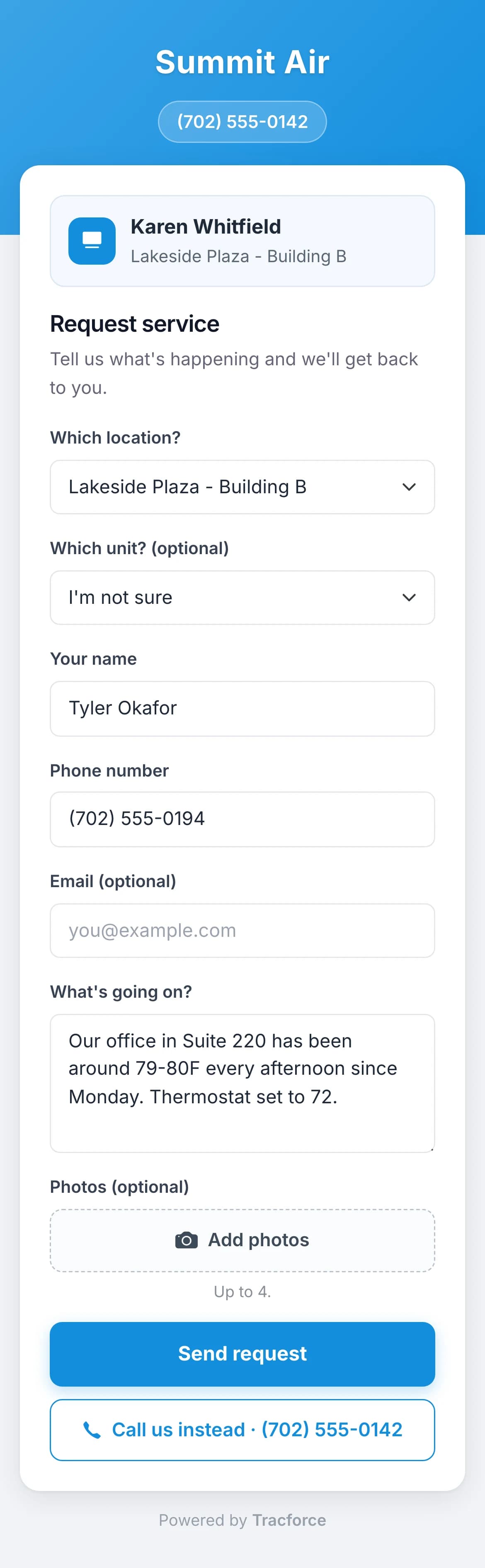 The service request form a tenant fills out on their phone after scanning the code, with the building, their name, phone and what's wrong